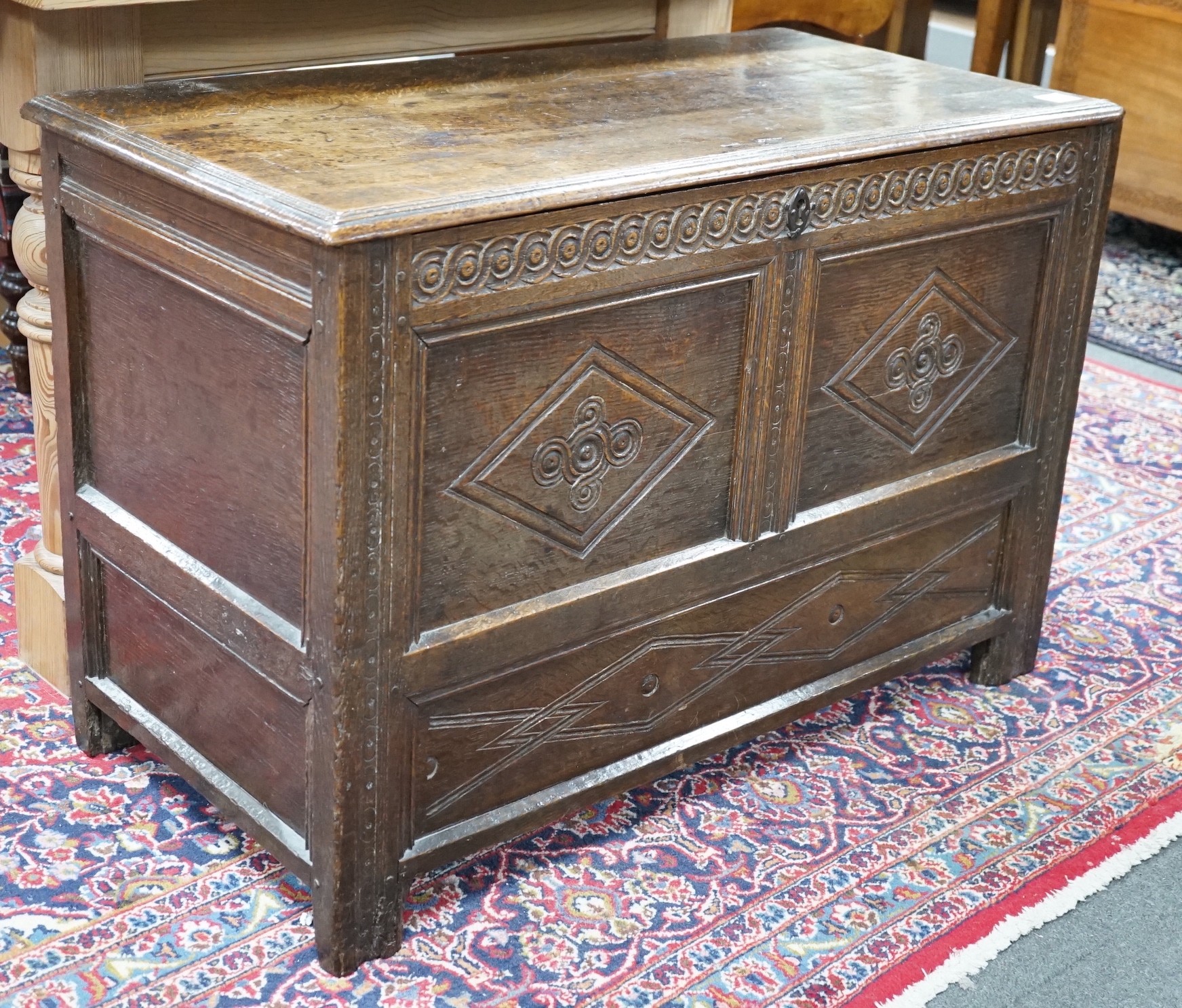 An early 18th century panelled oak coffer, width 96cm *Please note the sale commences at 9am.